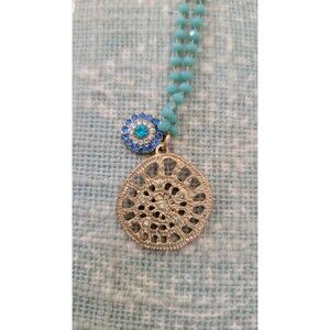 Lonna Lilly Turquoise Beaded Layered Necklace Gold Tone Evil Eye Mandala Pendant